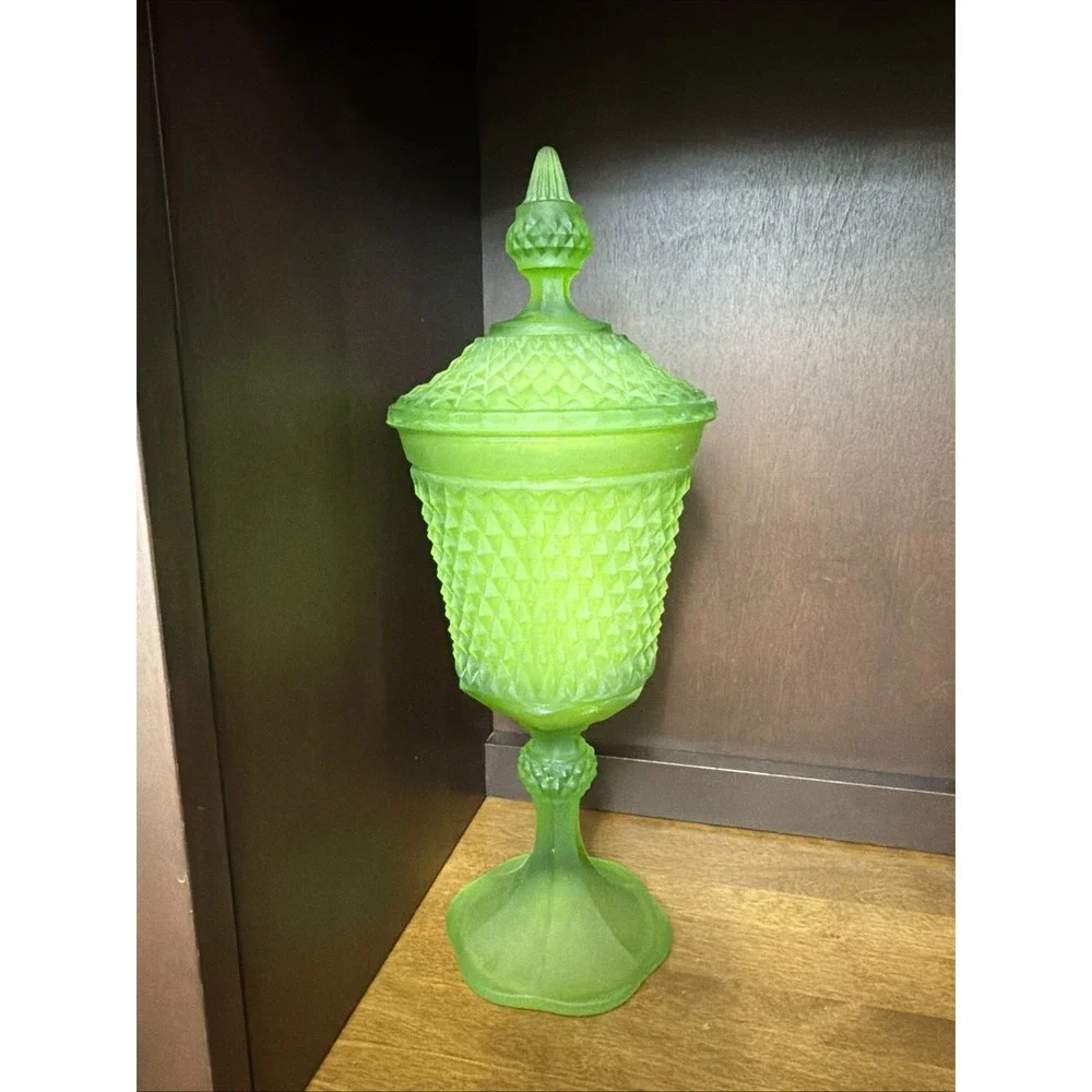 Indiana Glass Candy Dish Covered 16 Inch Diamond Point Celery Lime Green VTG